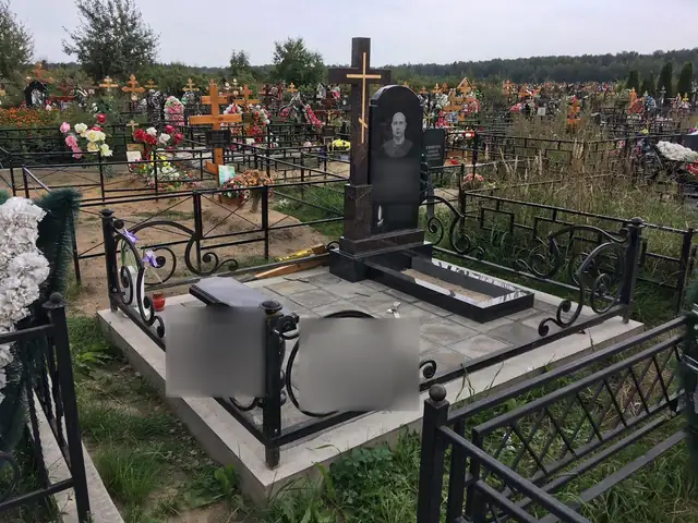 Кованая ограда с крупными завитками вокруг одиночного памятника